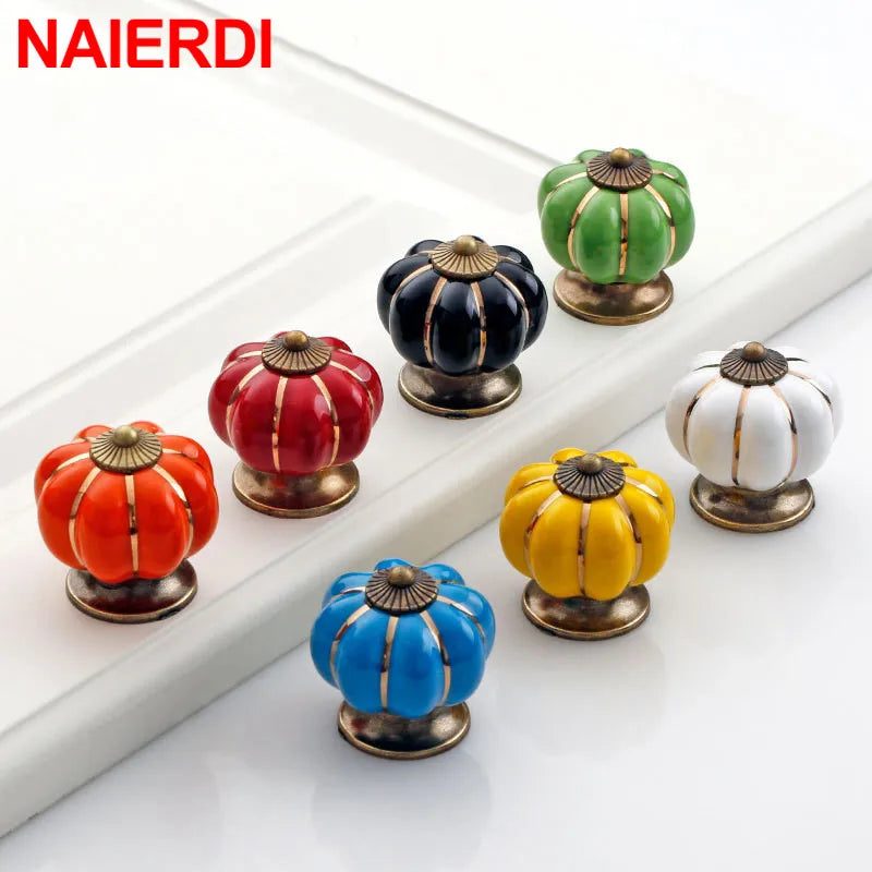 NAIERDI 40mm Pumpkin Ceramic Handles Drawer Knobs Cupboard Door Handles Single Hole Cabinet Handles with screws Furniture Handle