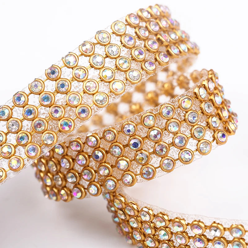 10rows Clear Crystal AB Rhinestone Trim Gold Crystal Hotfix Tape Glass Ribbon Rhinestone Decoration Iron on Garment Accessories