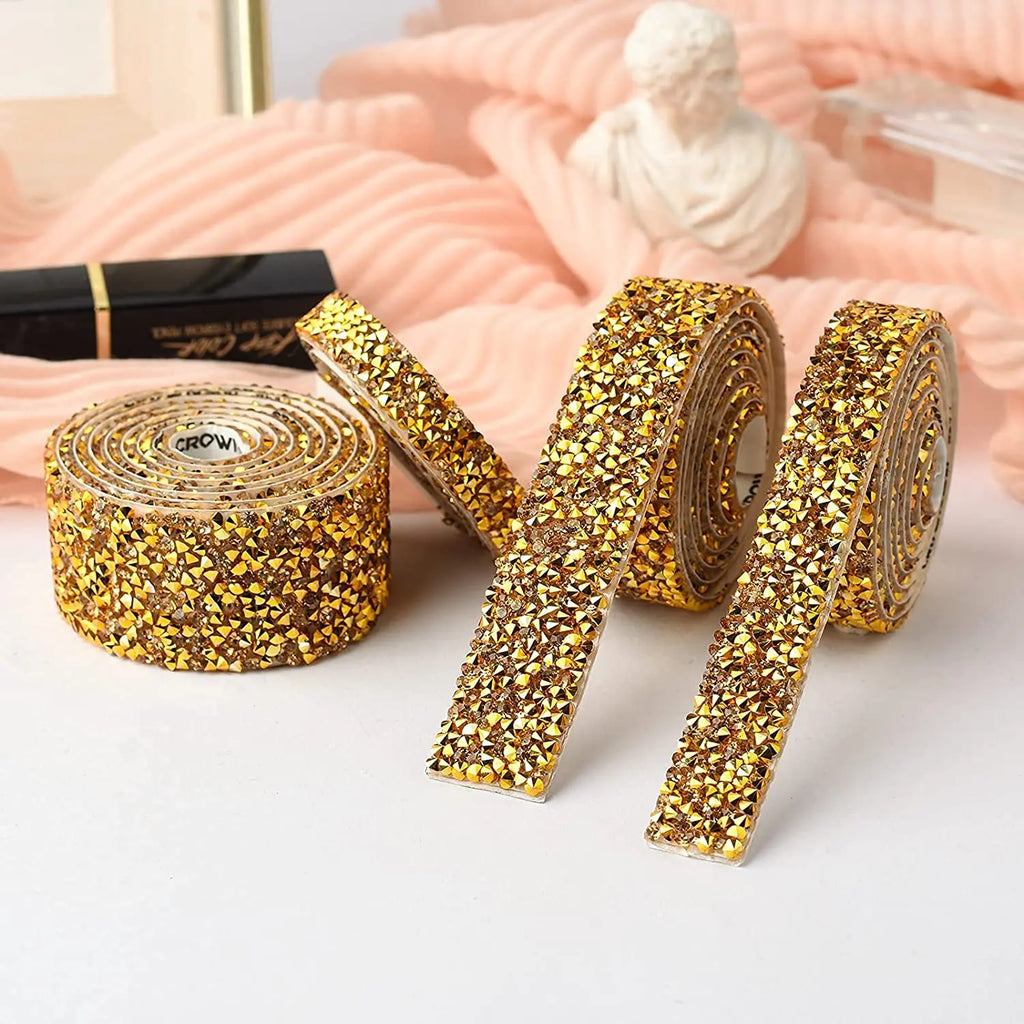 1 Yard Self-Adhesive Gold Crystal Rhinestone Tape Trim Applicator DIY Shoes Dresses Decoration Rhinestones Ribbon Roll Crafts