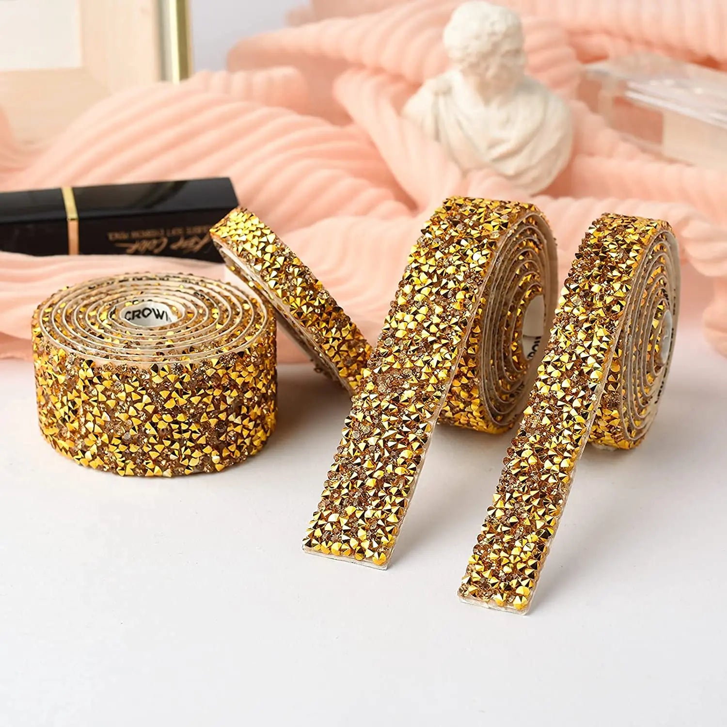 1 Yard Self-Adhesive Gold Crystal Rhinestone Tape Trim Applicator DIY Shoes Dresses Decoration Rhinestones Ribbon Roll Crafts