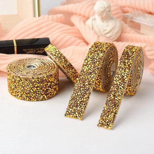 1 Yard Self-Adhesive Gold Crystal Rhinestone Tape Trim Applicator DIY Shoes Dresses Decoration Rhinestones Ribbon Roll Crafts
