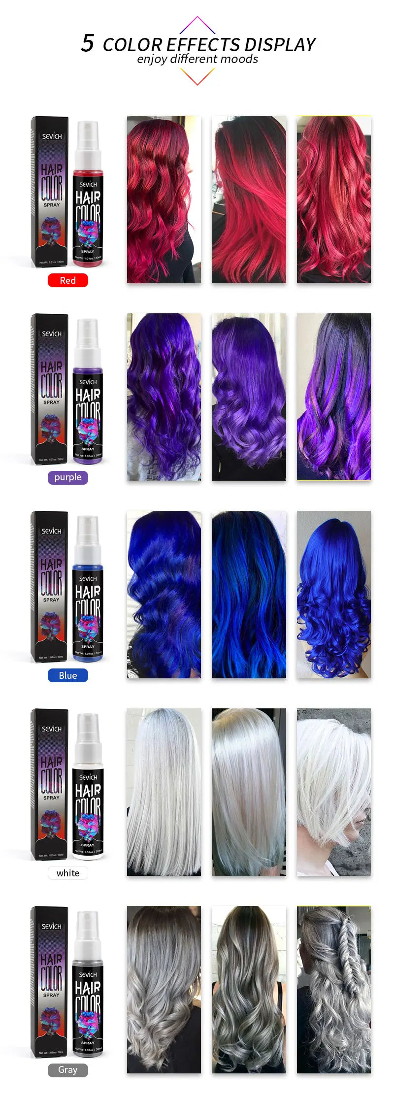 Sevich 8 Colors 30ml Hair Dye Spray Disposable Hair Quick Spray Waterproof Hair Dye Blue/Red Fashion Instant Hair Color Products