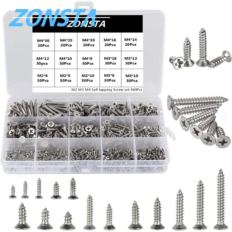 M2 M3 M4 460Pcs Countersunk Flat Head Tapping Screws Set 304 stainless steel Small Cross Recessed Wood screw Assortment kit