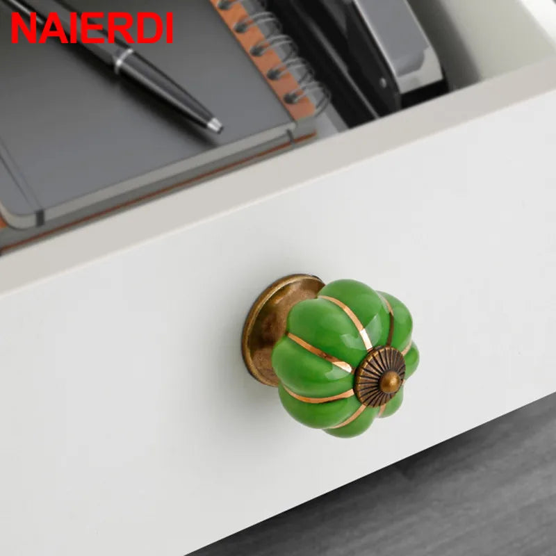 NAIERDI 40mm Pumpkin Ceramic Handles Drawer Knobs Cupboard Door Handles Single Hole Cabinet Handles with screws Furniture Handle
