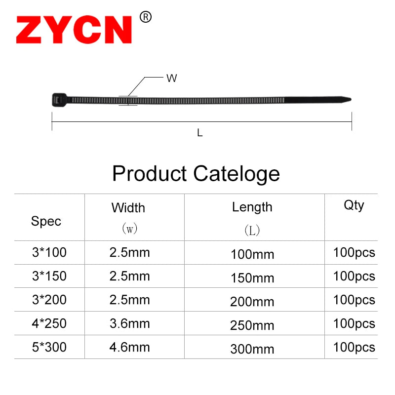 500pcs Self-Locking Nylon Cable Ties 2.5*100/150/200 3.5*250 4.5*300 Plastic Zip Loop Wire 4-6-8-10-12inch Wrap Fixed Binding
