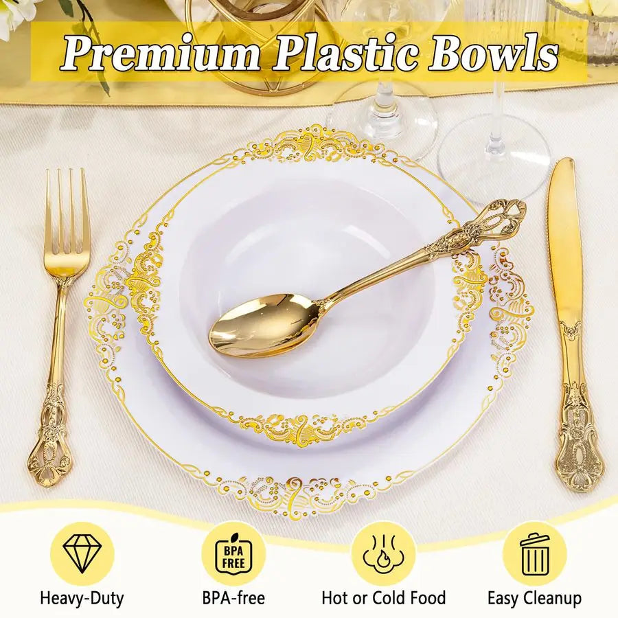 Gold Plastic Bowls 12 oz White Disposable Salad Bowls Heavy Duty Soup Serving Bowl Fancy Plastic Ice Cream Bowl for Parties, Din