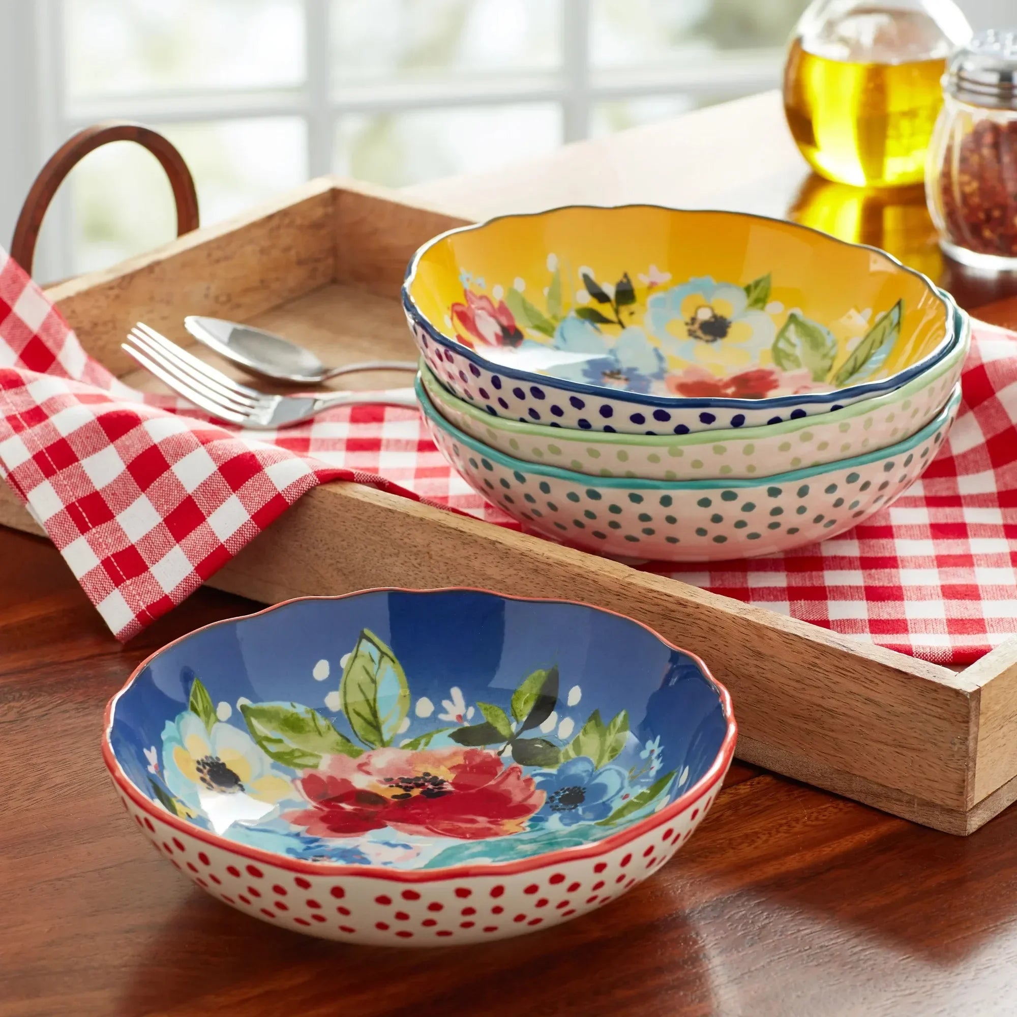 Colorful Melody Pasta Bowls, 7.5" Stoneware Set, Mix & Match, Ideal for Vintage Style Homes