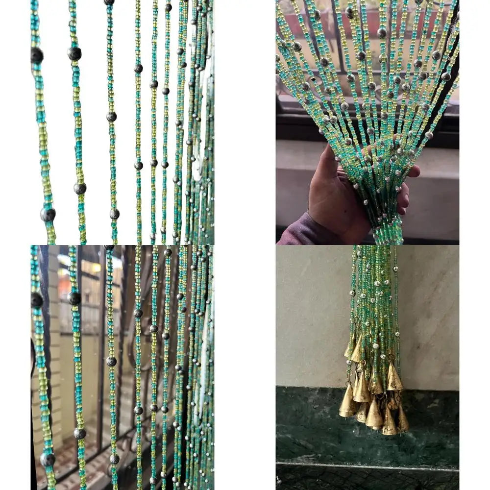 Green Bohemian Style Beaded Curtain, 76 Glass Beads for Doorways, Windows, and Room Decor
