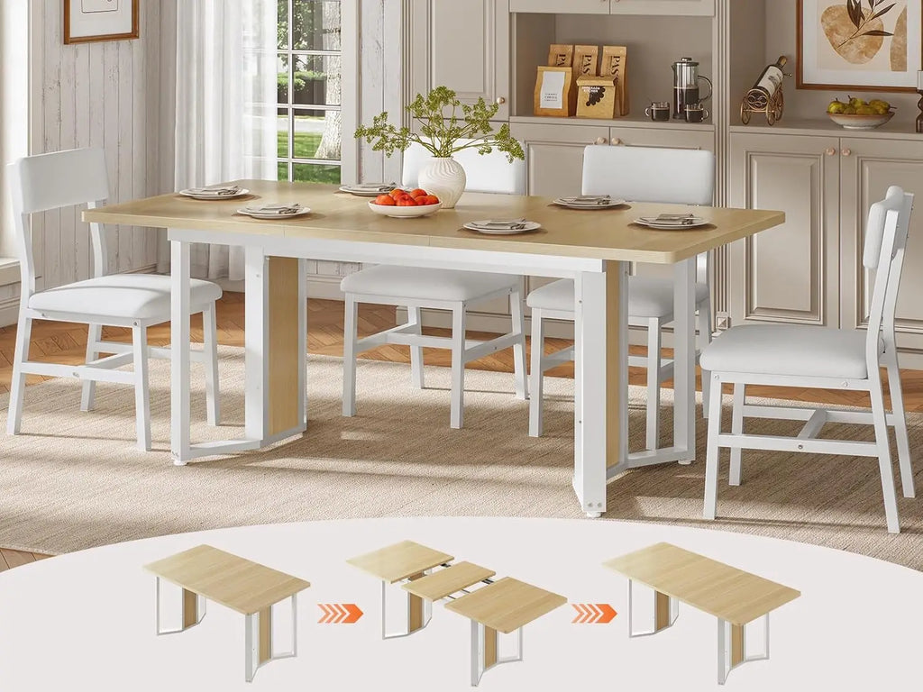 NEW 5-Piece Dining Table Set , 63" Extendable Kitchen Table , Dining Room Table with MDF Board & Metal Frame-Natural