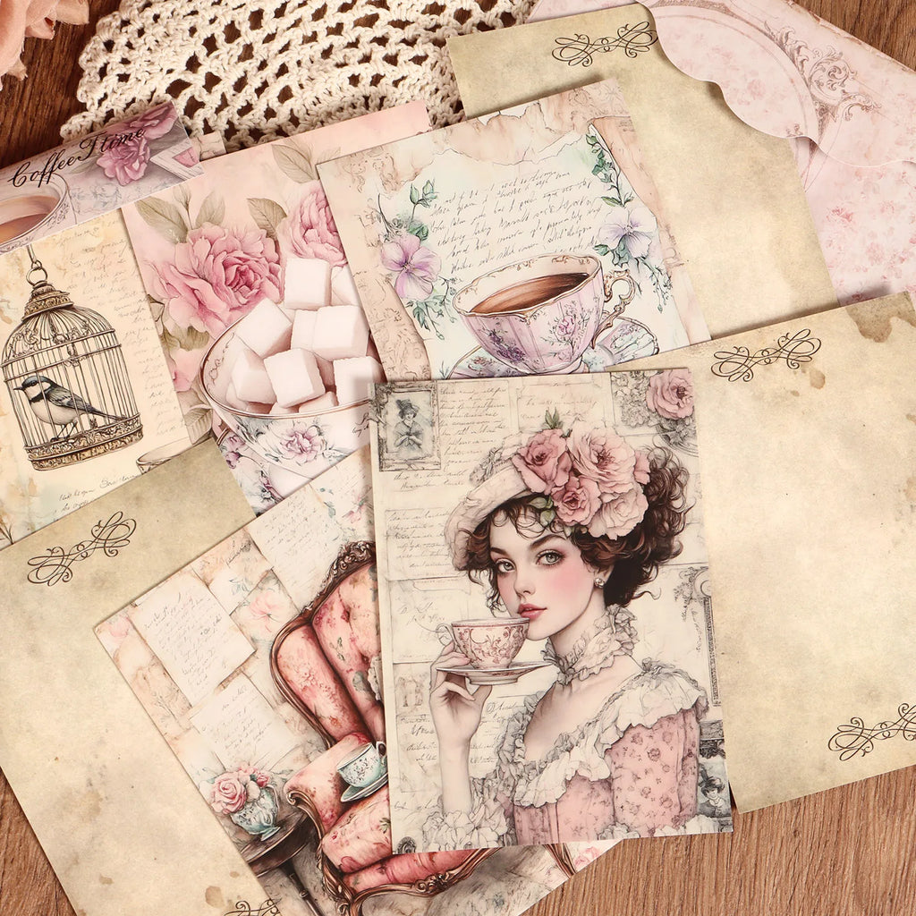 12cards, 4envelopes, 32stickers Victorian Floral Tea Double-sided Writable Thick Cardboard Set, for Scrapbooking, DIY Crafts