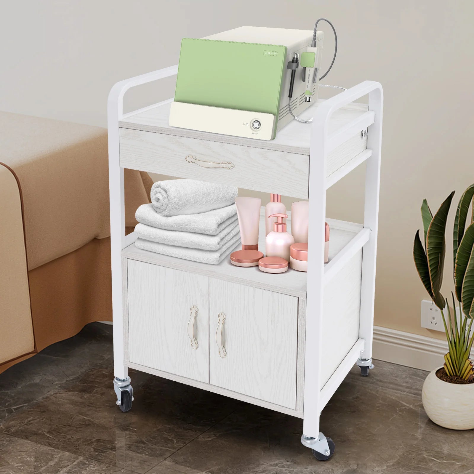 Salon High-density Wood Panels Storage Cart,White Rectangle Free Standing Movable Beauty Organizer 51*33*83cm for Beauty Salons