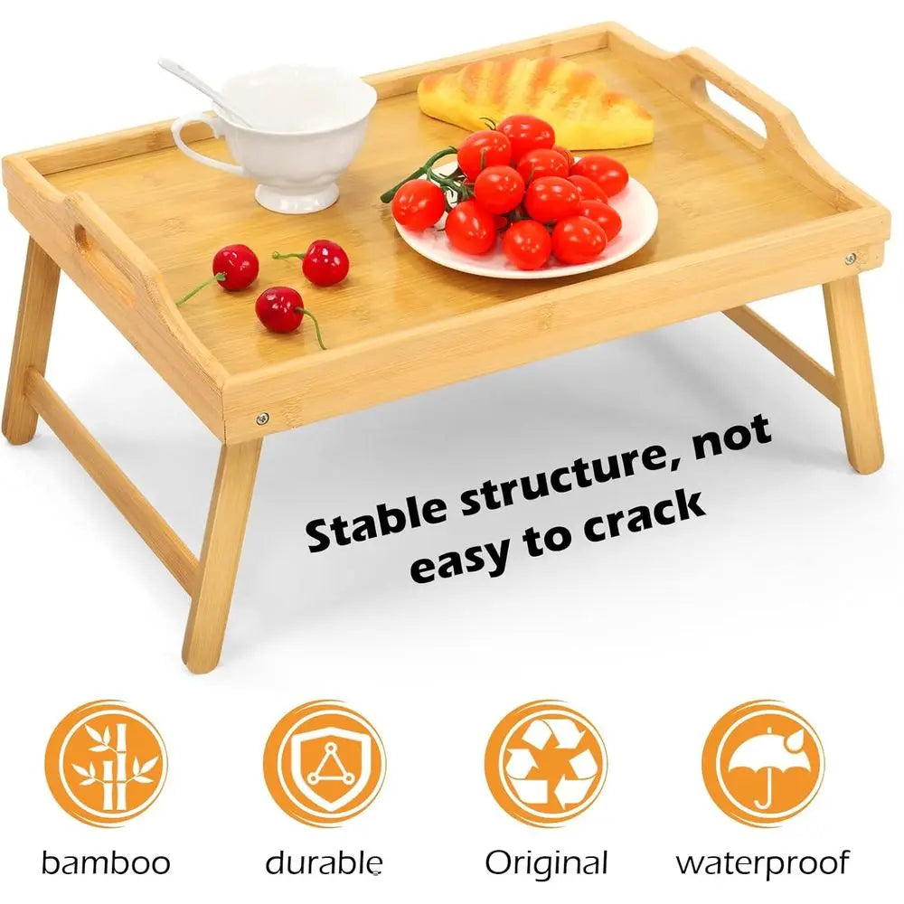 2 Pack Bamboo Bed Tray Table, Folding Legs and Handles, Breakfast Tray, Laptop Desk for Bed or Sofa, Serving Tray for Eating, Wo