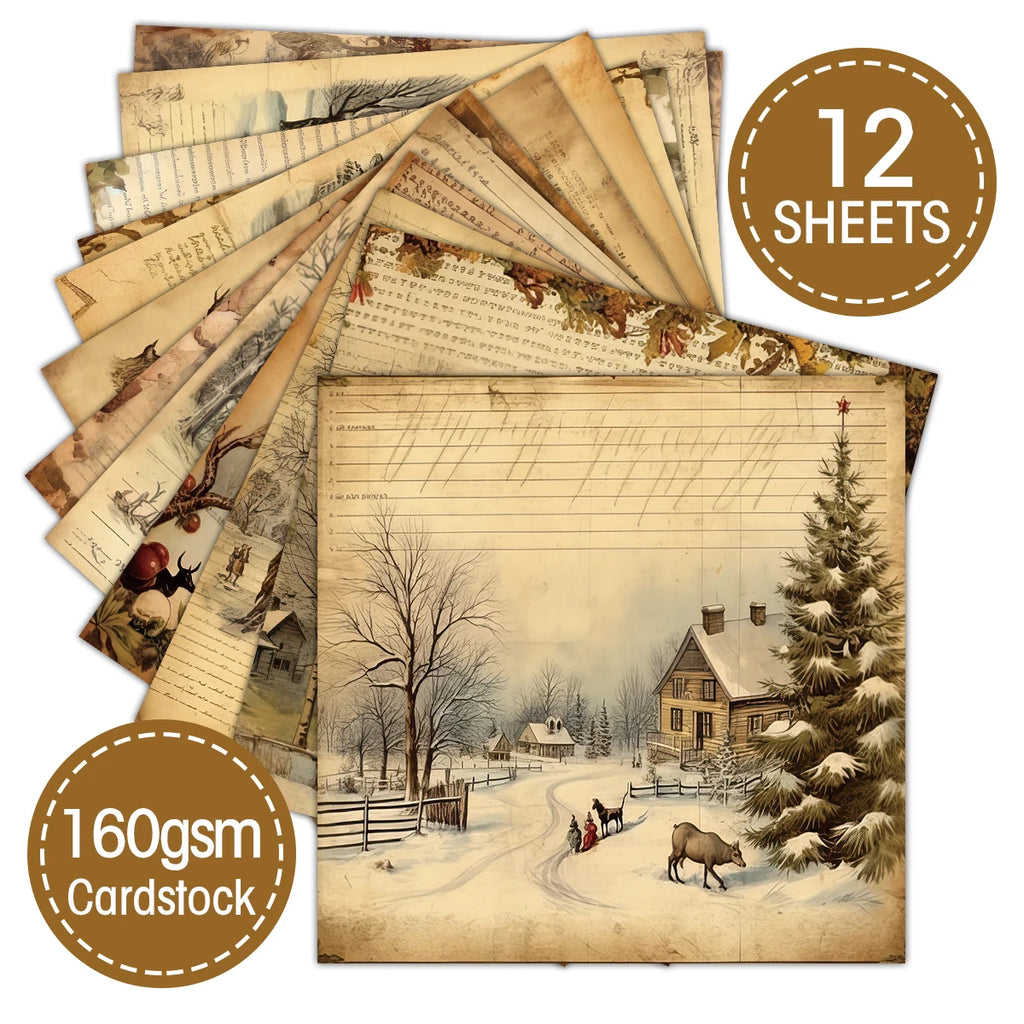 12pc Vintage Christmas Old Music Sheet Scrapbook Paper Set,Retro Christmas Collection Kit Paper for Junk Journal DIY Card Making