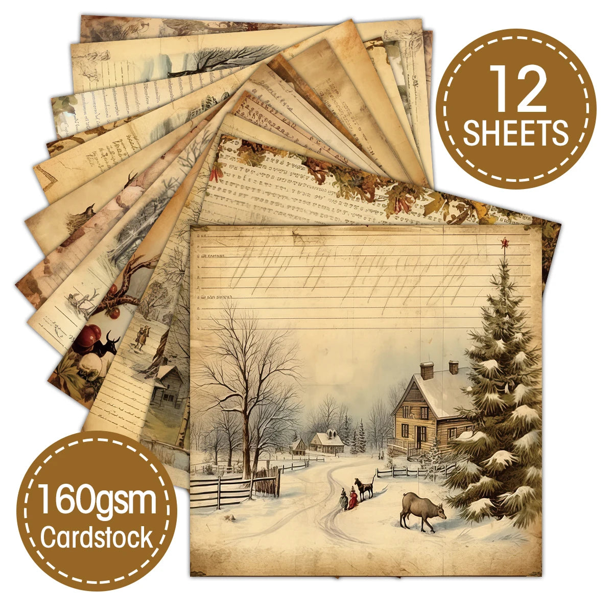12pc Vintage Christmas Old Music Sheet Scrapbook Paper Set,Retro Christmas Collection Kit Paper for Junk Journal DIY Card Making