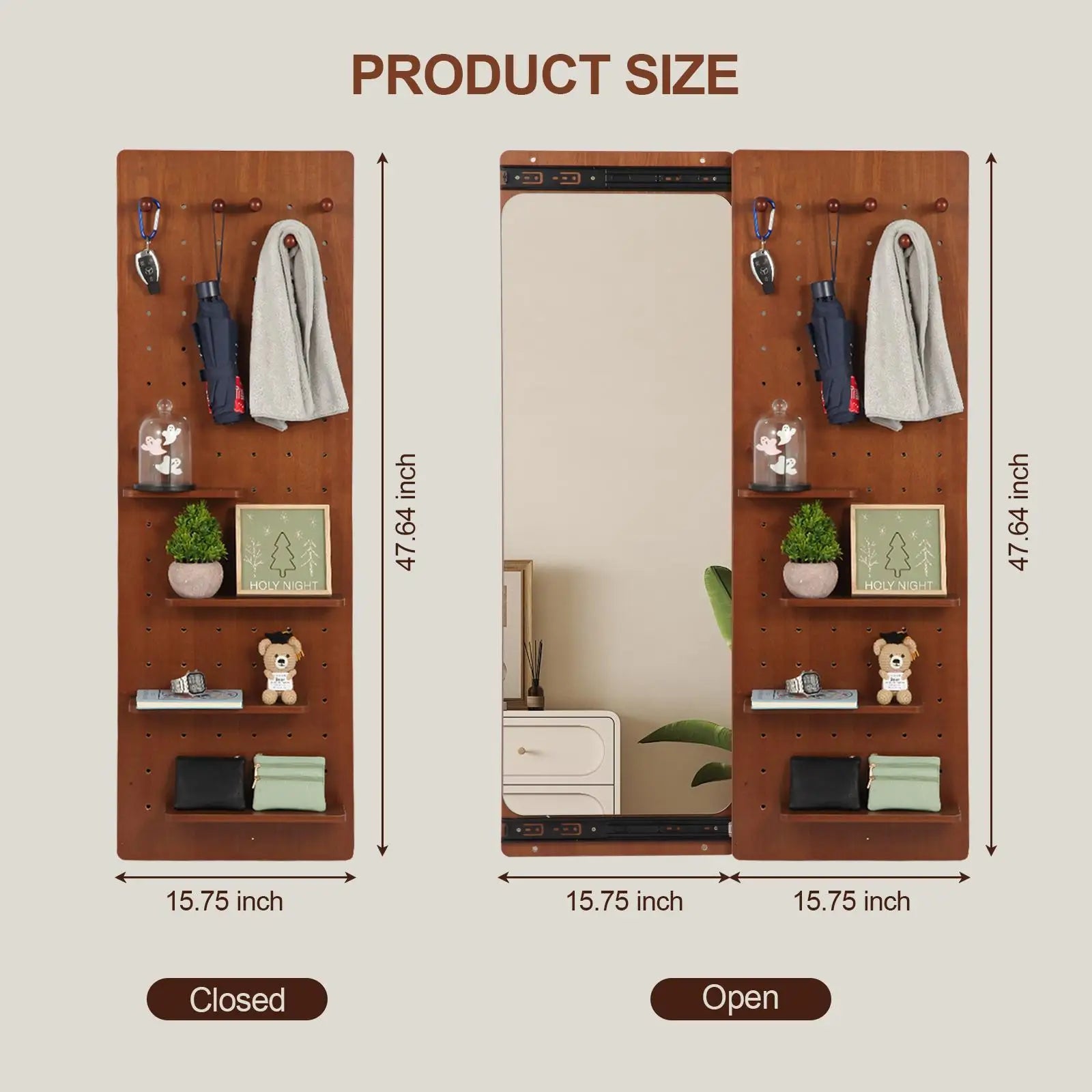 Wall Mounted Full Body Mirror with Storage Multifunctional Wooden Frame Mirror Panel for Living Room Bedroom