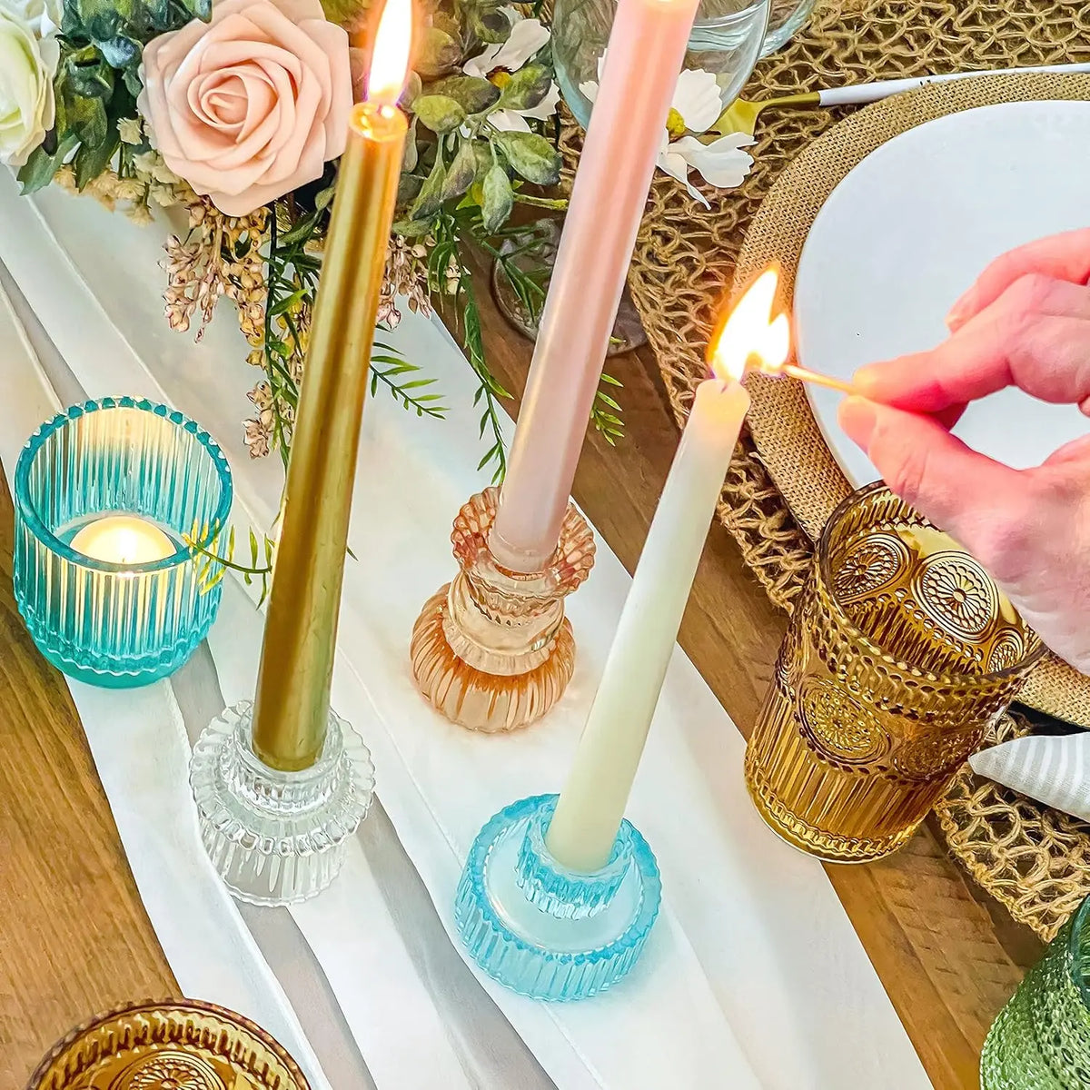 Vintage Ribbed Glass Candle Holders Set of 6, Assorted Sizes for Dining Table and Shelf Decor