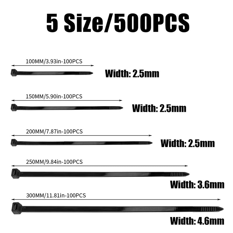 500pcs Self-Locking Nylon Cable Ties 2.5*100/150/200 3.5*250 4.5*300 Plastic Zip Loop Wire 4-6-8-10-12inch Wrap Fixed Binding