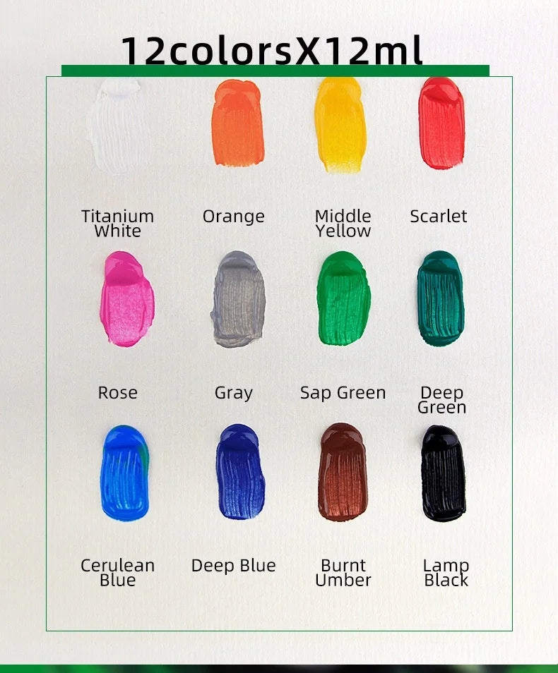 12Color Acrylic Paint Set 12ml Tubes Waterproof Art Supplies for Beginner Artists DIY Painting on Canvas Wall Art Craft Projects