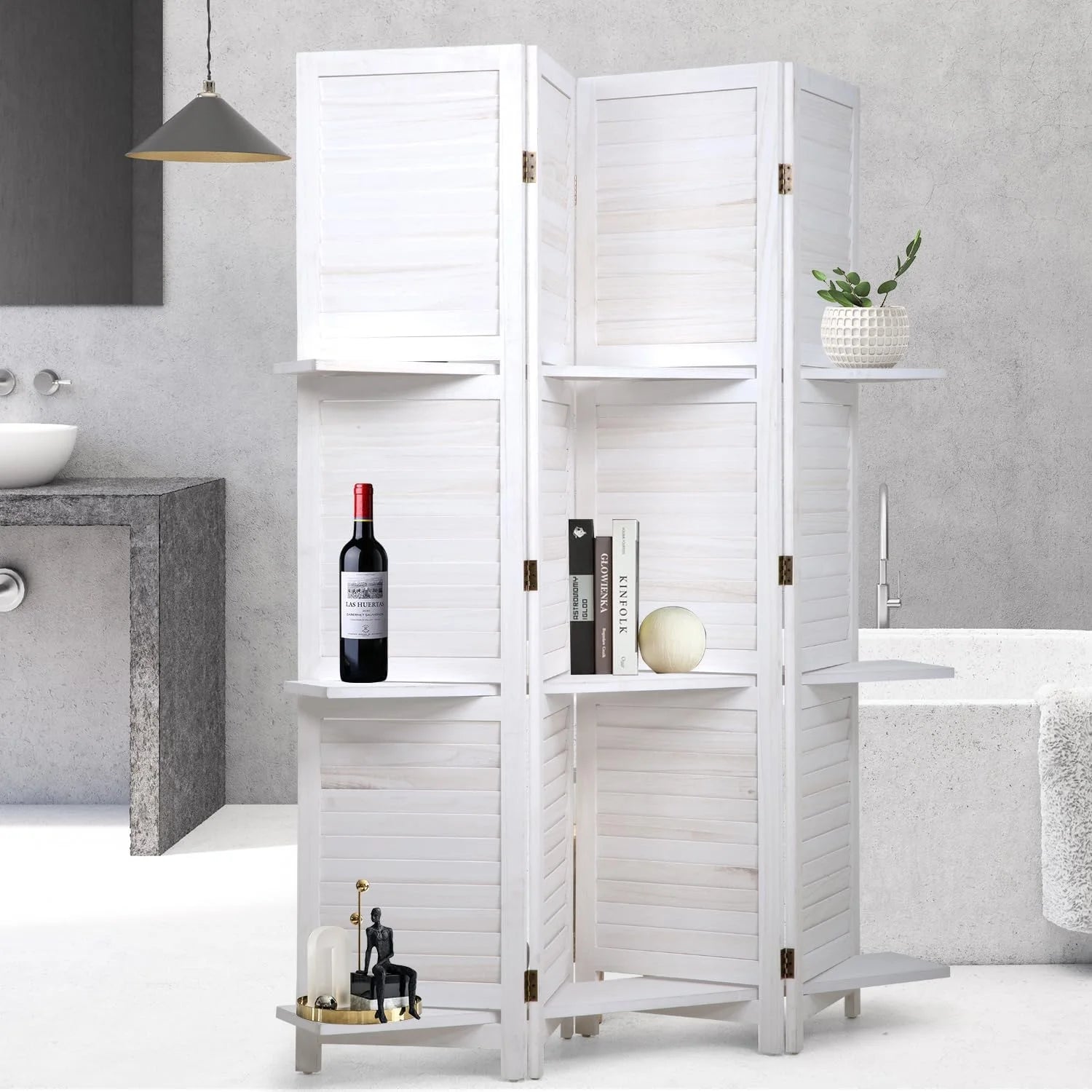 Room Divider 4 Panel Folding Wood 5.6 Ft Tall Privacy Screen Dividers Wall with Three Shelves Portable Partition (White)