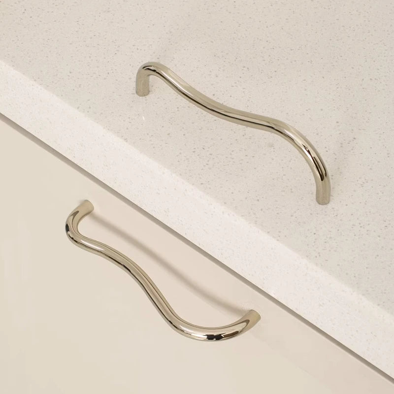 Brass Irregular Line Furniture Handles Bright Cupboard Wardrobe Dresser Drawer Cabinet Knobs Door Pulls T-Bar Decorative Knob