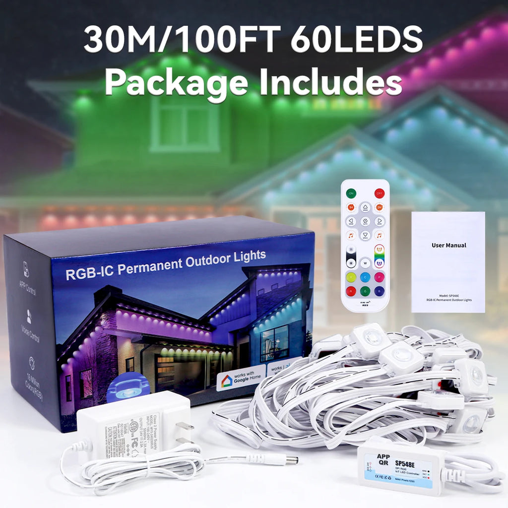 100ft/150ft Smart RGBIC Permanent Outdoor Lights for House, Waterproof Eaves Lighting with 72 Scene Modes for Christmas Party
