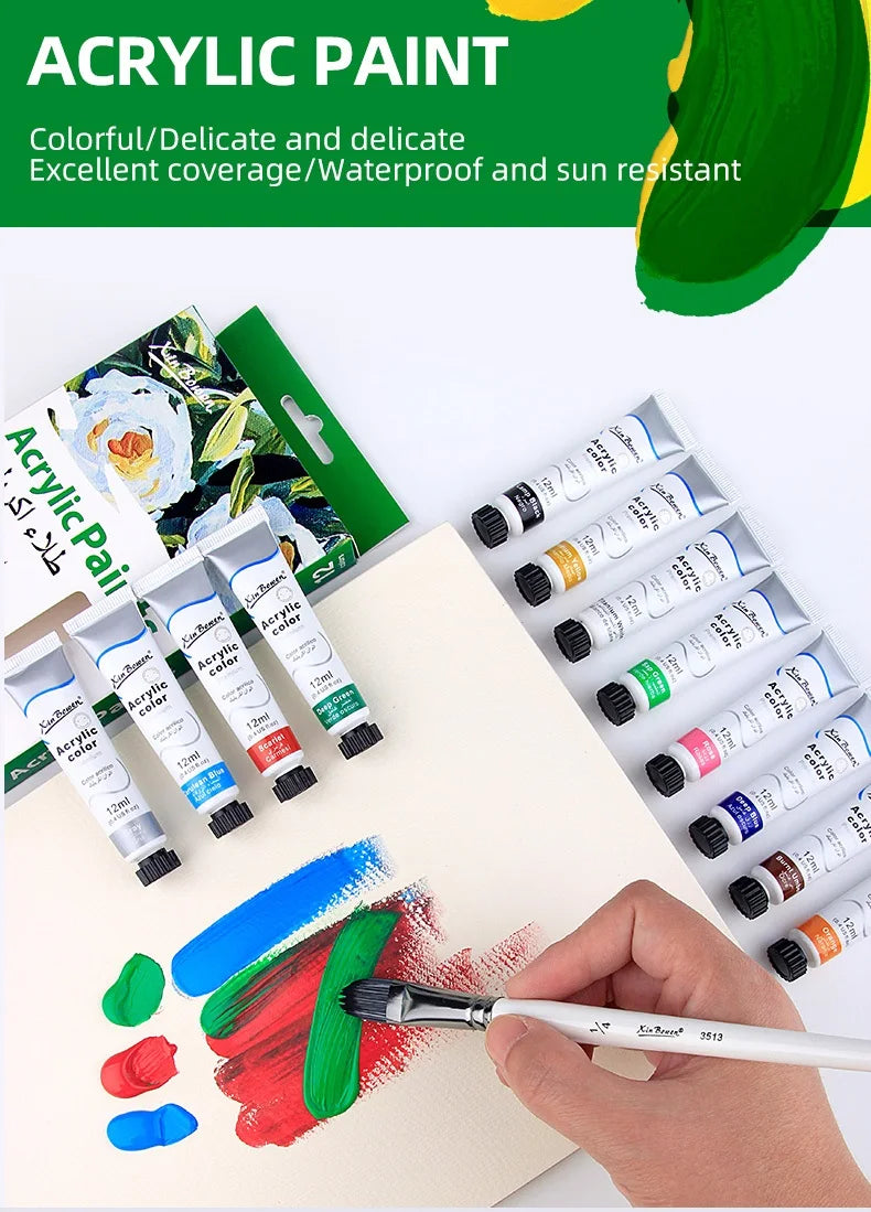 12Color Acrylic Paint Set 12ml Tubes Waterproof Art Supplies for Beginner Artists DIY Painting on Canvas Wall Art Craft Projects