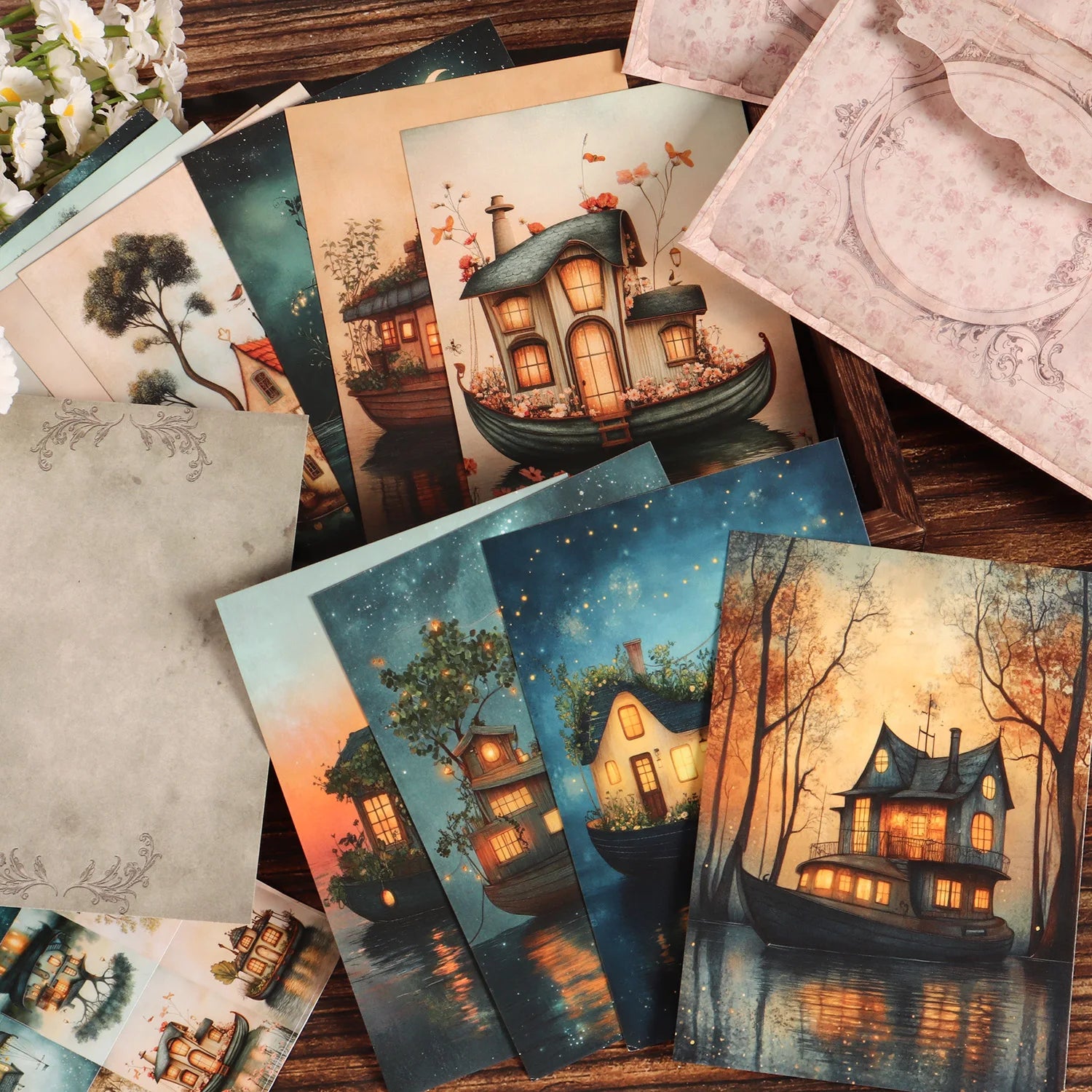 16cards, 4envelopes, 36stickers Moon Boat Double-sided Writable Cardboard Set, for Greetingcard, Scrapbooking Supplies,  Crafts