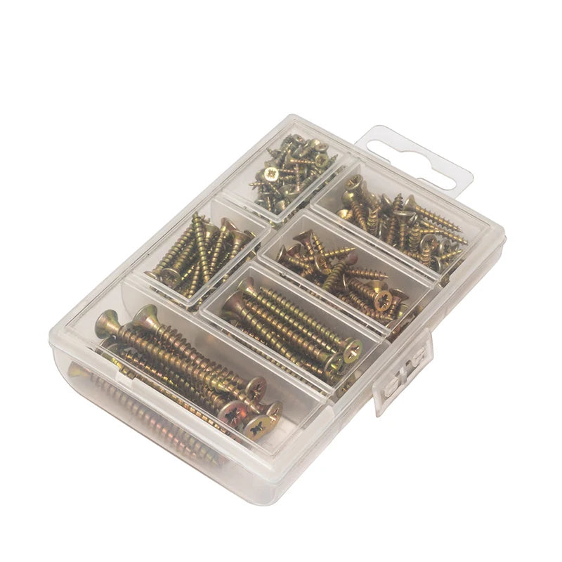T.K.Excellent 140Pcs Flat Head Phillips Yellow Zinc Wood Screws Assortment Kit Woodworking 6 Sizes