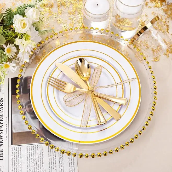 Elegant Gold Beaded Charger Plates - 25 Pack, 32cm Durable Plastic