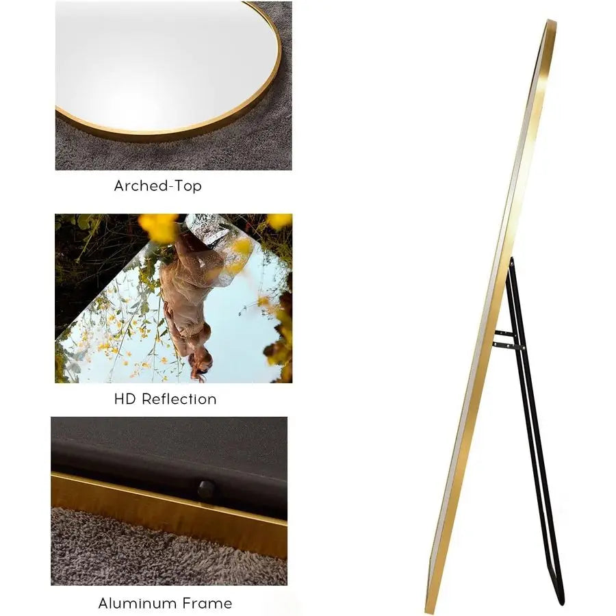 Arched Mirror Full Length, Standing or Wall Mounted, 58 18 , Aluminum Frame Gold