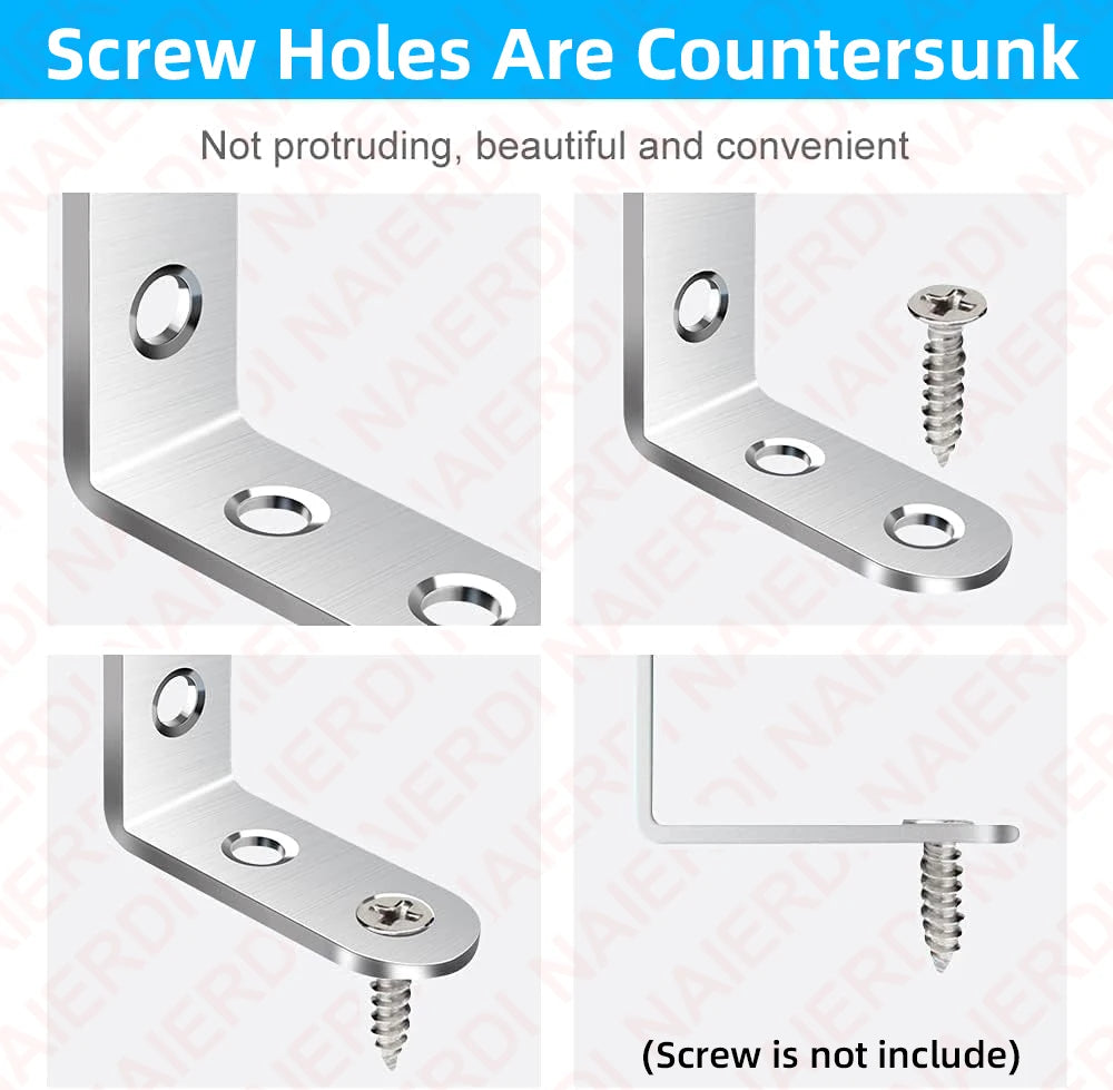 NAIERDI 10 Pack Corner Brace Stainless Steel 90 Degree Angle Corner Brackets L Bracket Firmware for Wooden Shelves,Chairs,Tables
