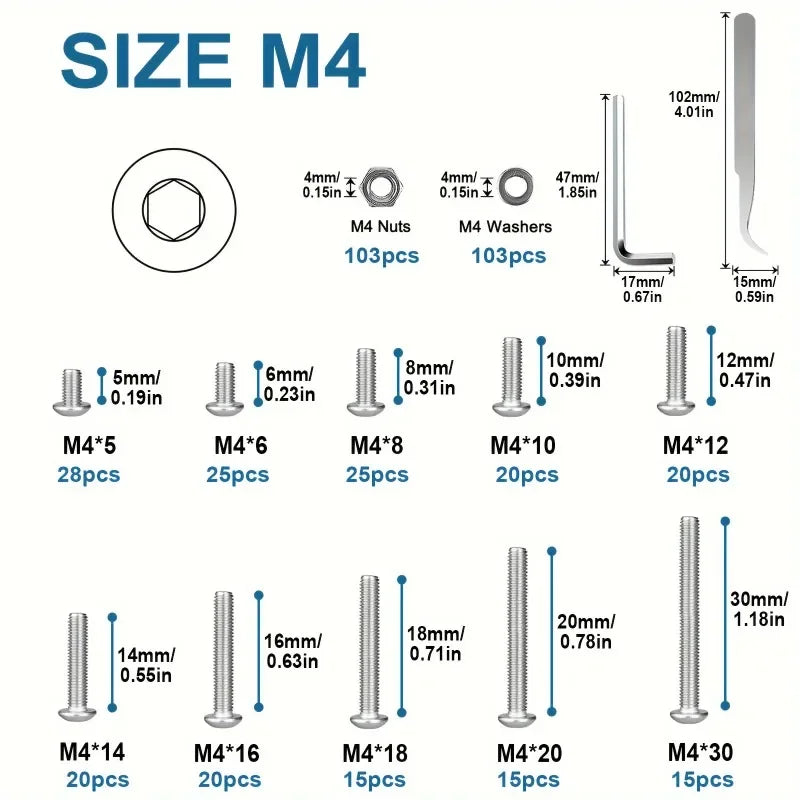 KKM M4 Stainless Steel Bolt Kit - 409pcs Hex Button Head Screws, Nuts & Washers Assortment Set" (92 bytes)