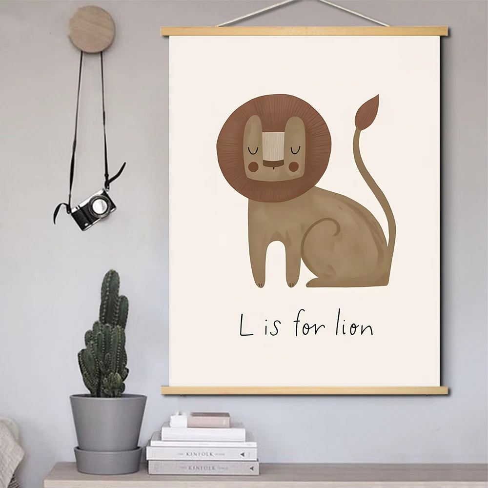 Lions Rabbit Geese Owls Snails Duck Flower Wall Art Canvas Solid Wood Hanging Scrolls Painting Pictures Baby Kids Room Decor