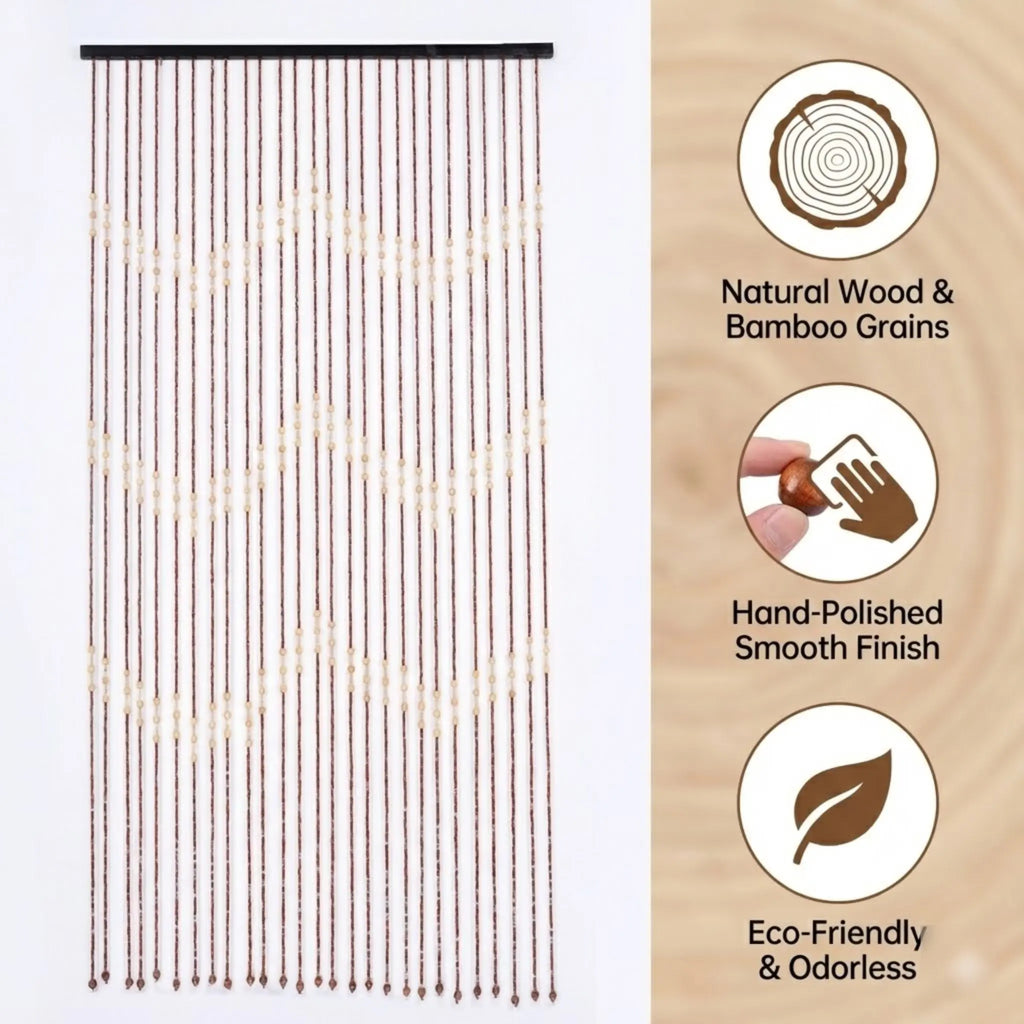 Hand-Polished Bamboo Wood Door Beads Eco-Friendly Natural Home Decor 27 Strands Hanging String Curtain