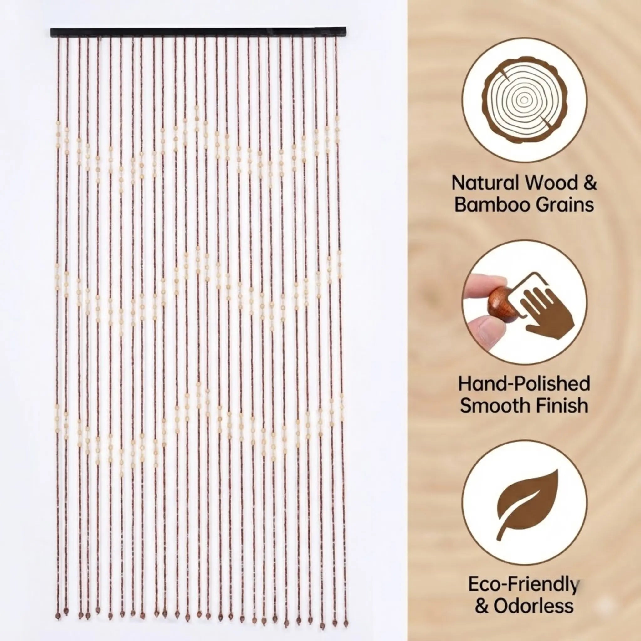 Hand-Polished Bamboo Wood Door Beads Eco-Friendly Natural Home Decor 27 Strands Hanging String Curtain