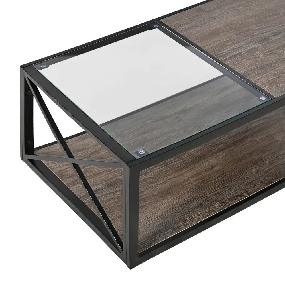 Modern coffee table for Bedroom & Living Room, Tempered Glass&Rustic Wood Grain MDF, Industrial Style coffee table