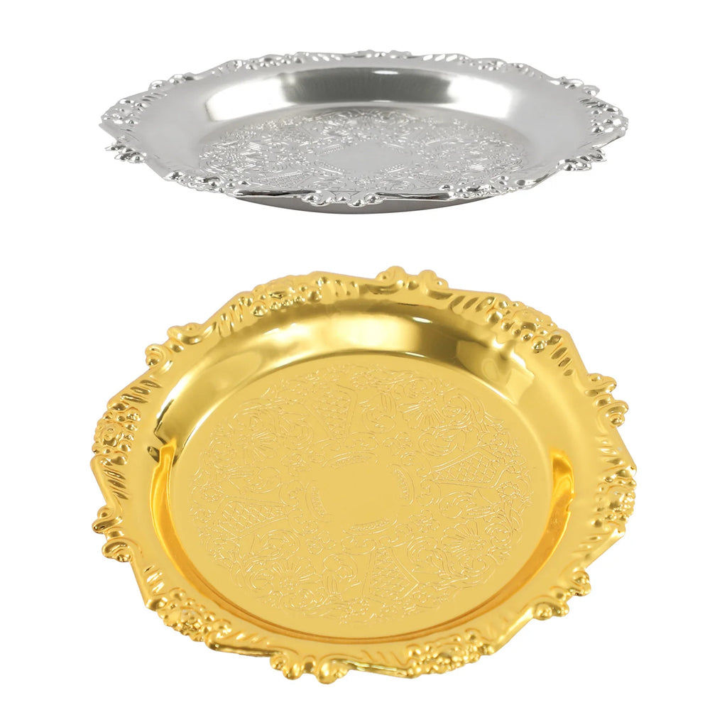 6PCS Gold/Silver Serving Tray Round Metal Snack Plate Restaurant Tray Plate Jewelry Display Tray for Birthday Wedding Banquet