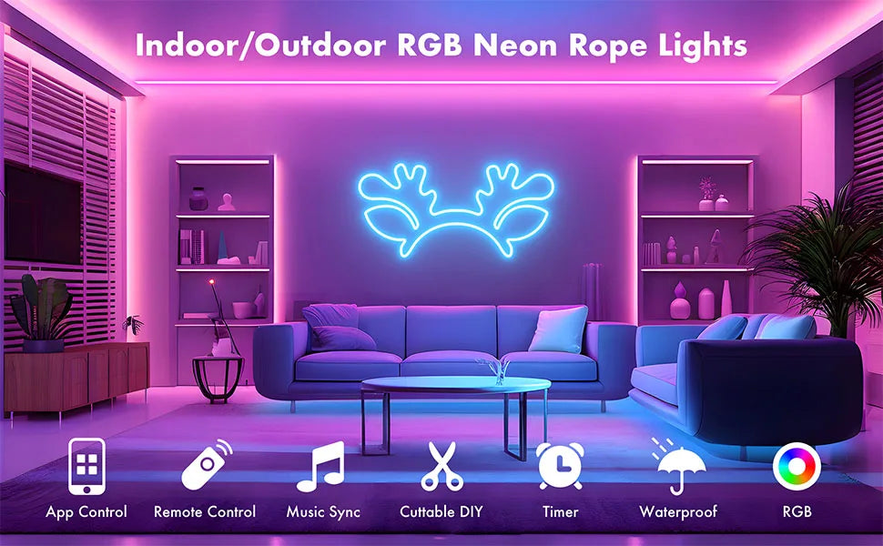 LED Neon Rope Lights 50ft RGB Strip Lights App Remote Control Music Sync Flexible Neon Strip Lights for Bedroom Outdoors Decor
