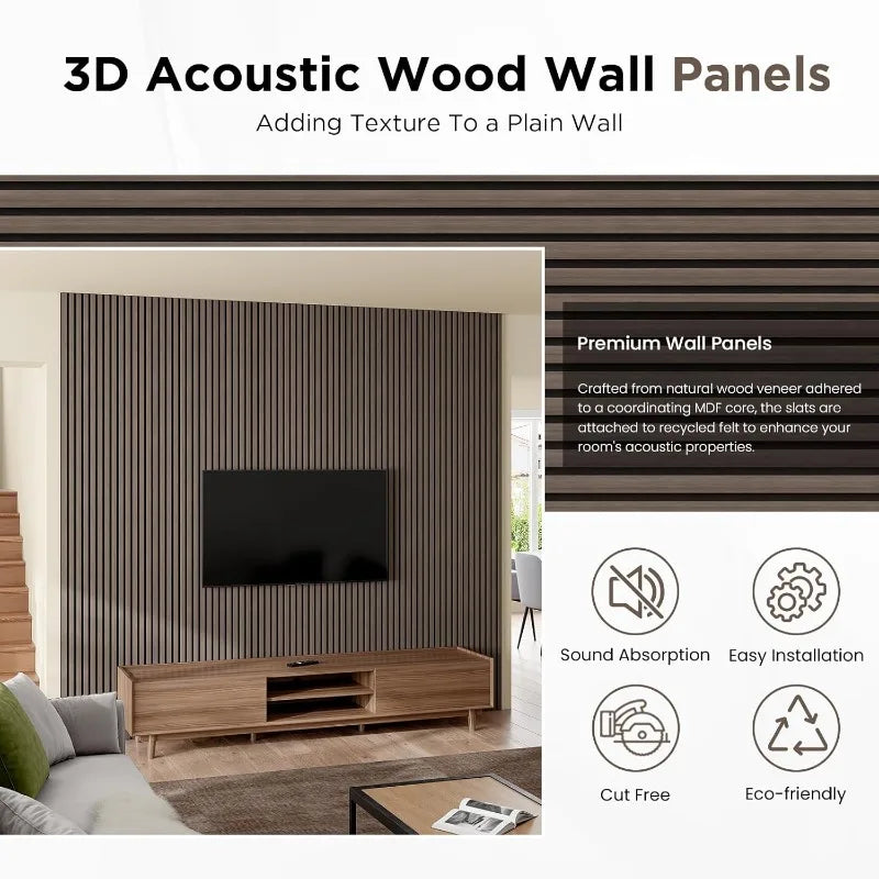 Wood Slat Acoustic Panels, 94.5" x 12.6" Each Soundpoof Wooden Slat Wall Panel - Dark Walnut, 4 Pack