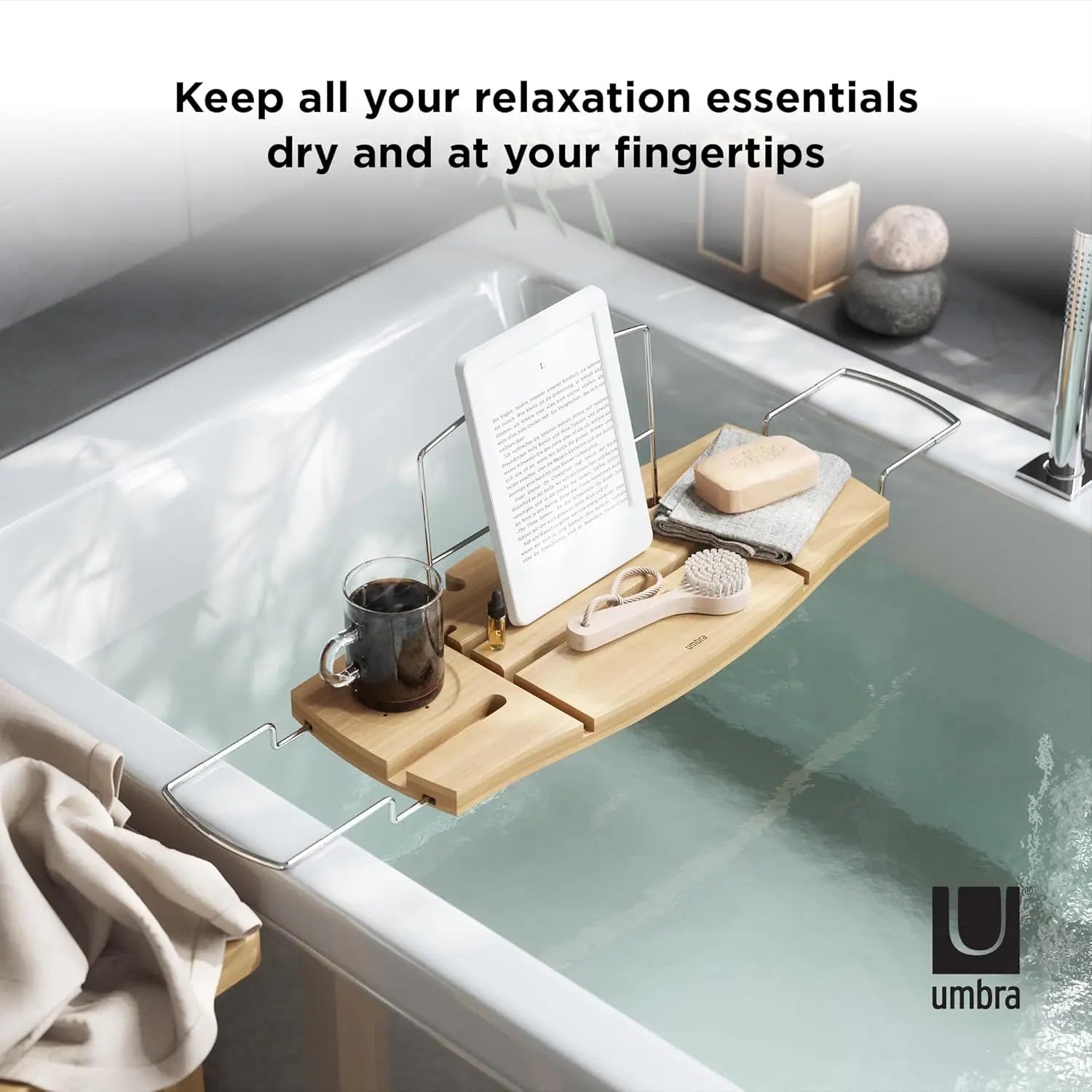Extendable Bathtub Tray with Book Stand, Wine Glass Holder, and Phone Slot for Relaxing Baths