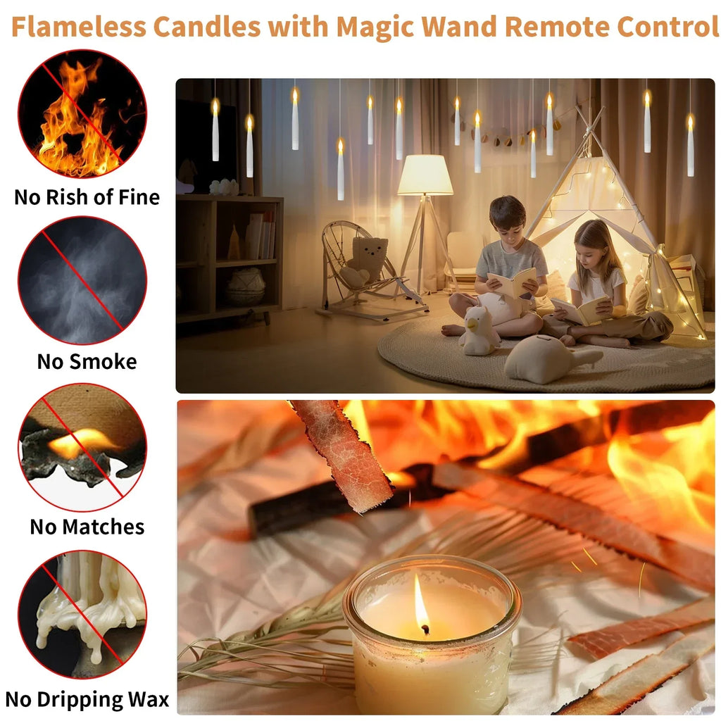 Flameless Taper Floating Candles with Magic Wand Remote Timer Flickering LED Hanging Christmas Halloween Decorations(12 Pack)