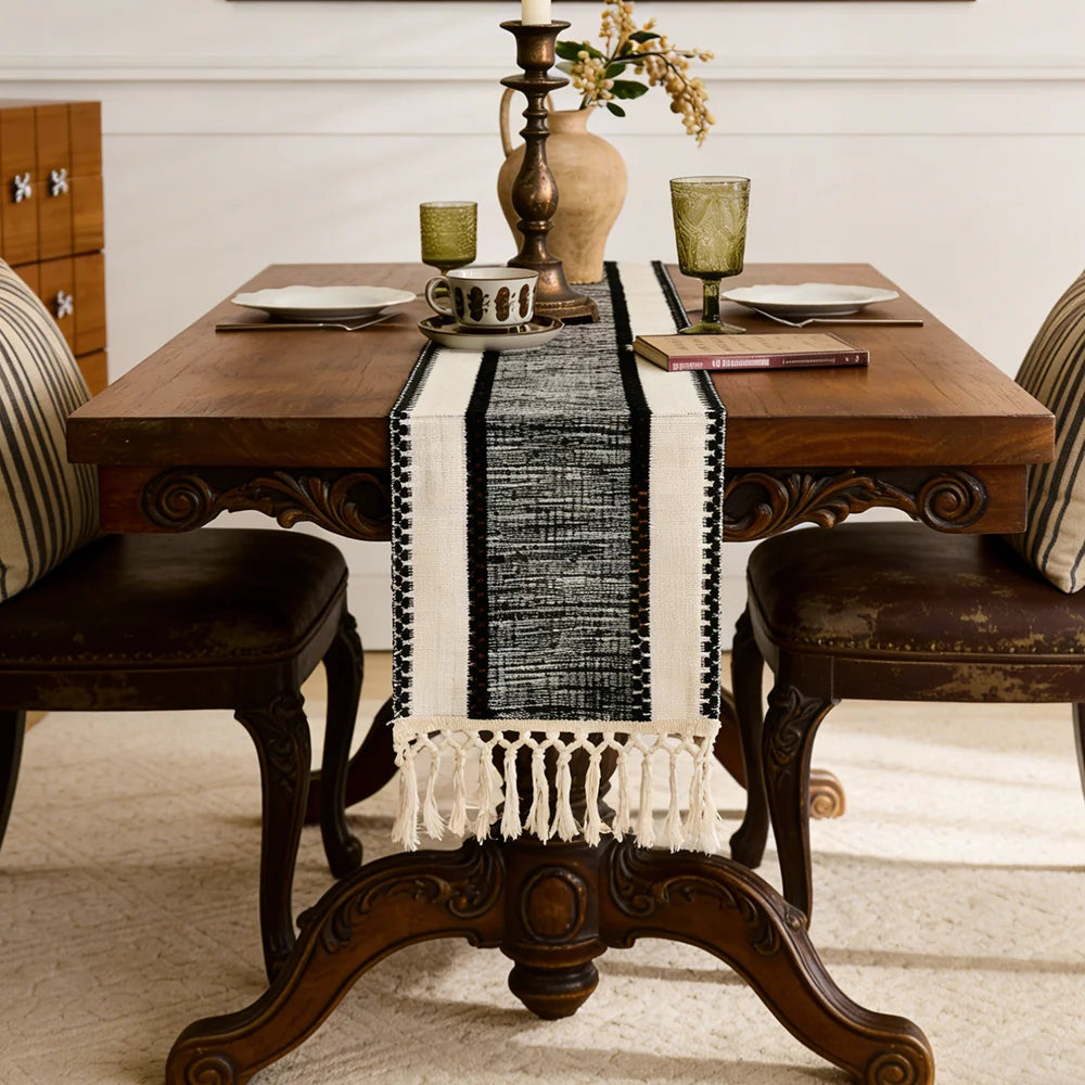 BLACK 72in Nordic Boho Table Runner Handwoven Fringe Spring Table Decor Coffee Table Cover Rustic Wedding Party Home Decor