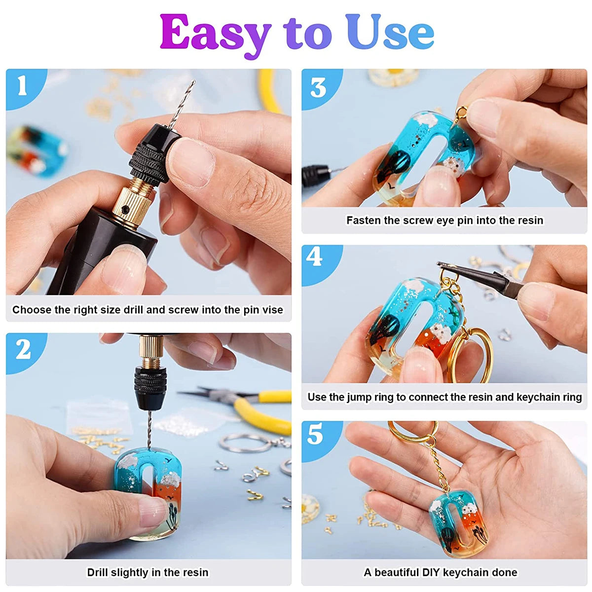 Electric Resin Drill USB Powered Mini Hand Drill Portable Keychain Making Kit with Keychain Screw Eye Pins Drill Bits Wrench