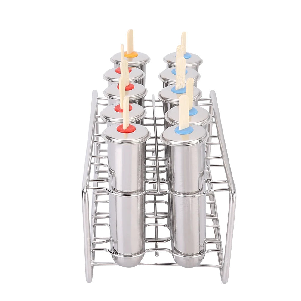 10pcs Ice Cream Molds with Sticks 304 Stainless Steel Household Ice Lolly Popsicle Molds Kit for Home Ice Cream Making Tool