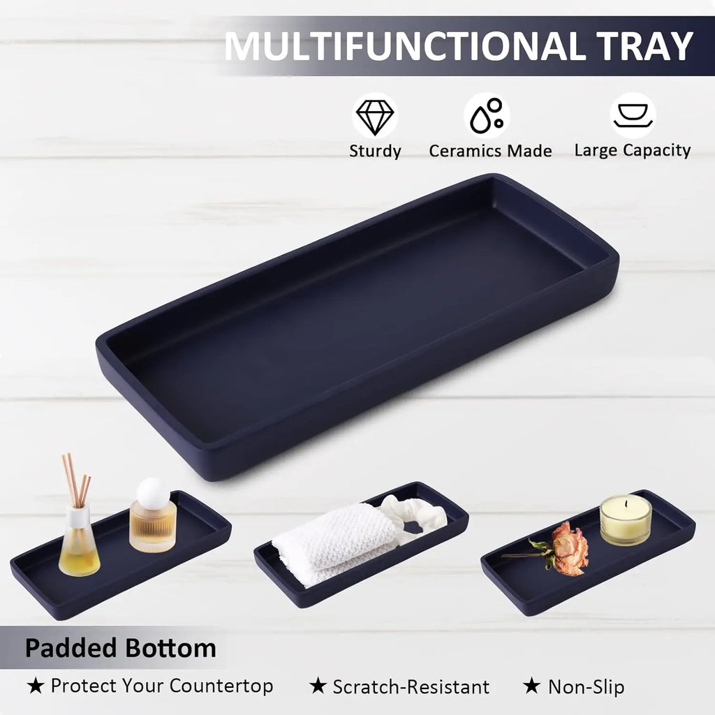 6-Piece Navy Blue Bathroom Set with Toothbrush Holder, Soap Dispenser, Vanity Tray, and More - Countertop Organizer