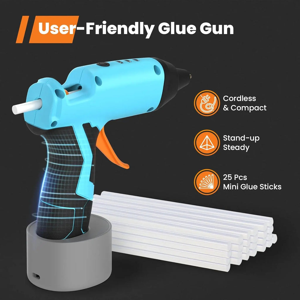Cordless Hot Glue Gun, 15s Fast Preheating with 2Ah Built-in Battery Hot Melt Glue Gun, Smart Power-Off, Kit with 25 Pcs Premium