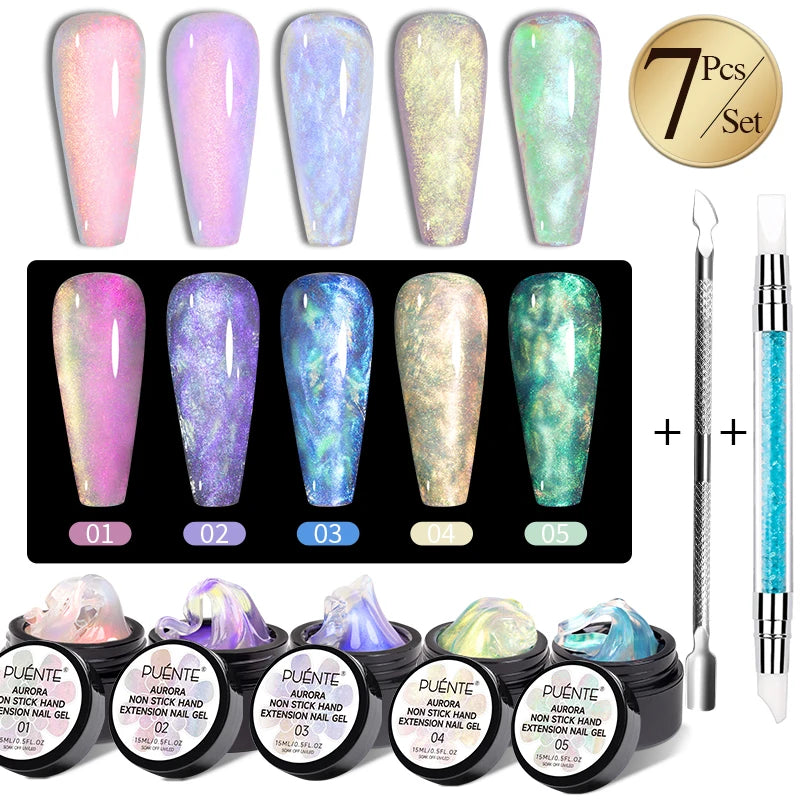 PUENTE 7Pcs/set Aurora Glitter Non-Stick Hand Extension Nail Gel Kit 3D Sculpture Carving Soak-Off UV Nail Art Hard Gel Varnish