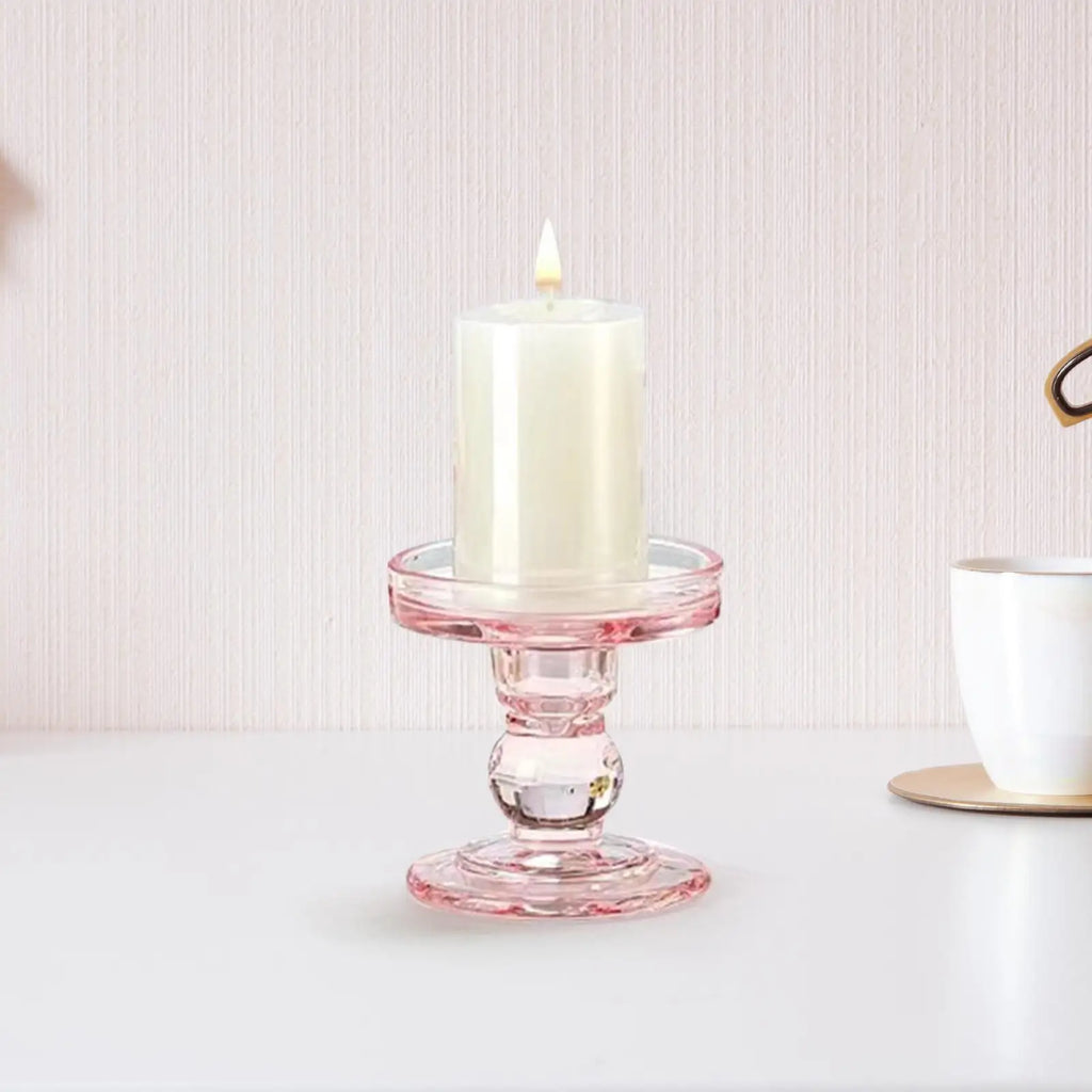 Candle Holder Pink Glass Candlestick Holder Pillar Candle Stand for Valentine's Day Wedding Dining Room Anniversary Festival