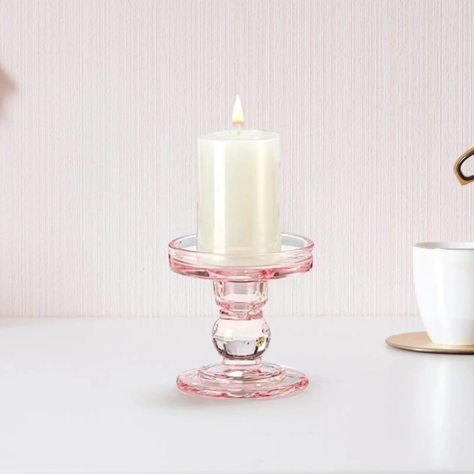 Candle Holder Pink Glass Candlestick Holder Pillar Candle Stand for Valentine's Day Wedding Dining Room Anniversary Festival