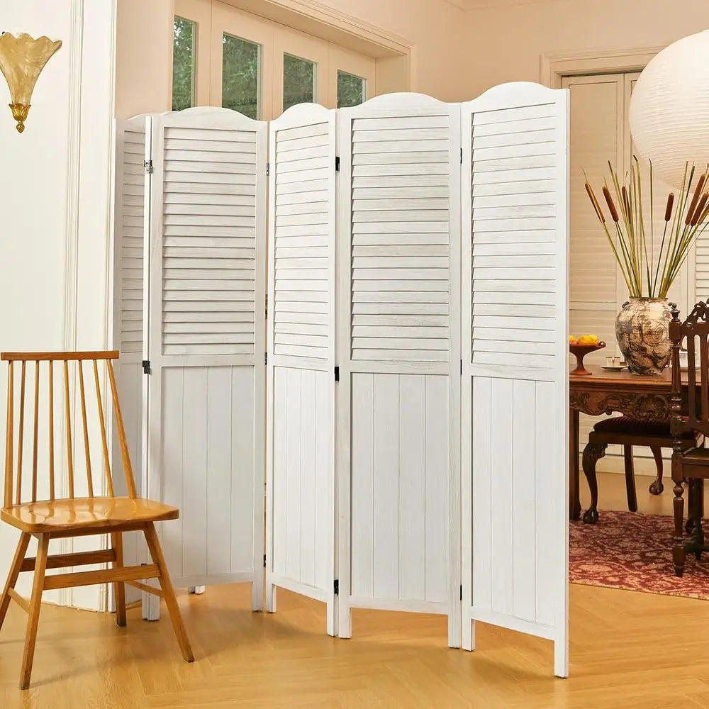 68.9 White-Washed Wooden Louver & MDF Dividers, 6-Panel Home Office/Bedroom Partitions